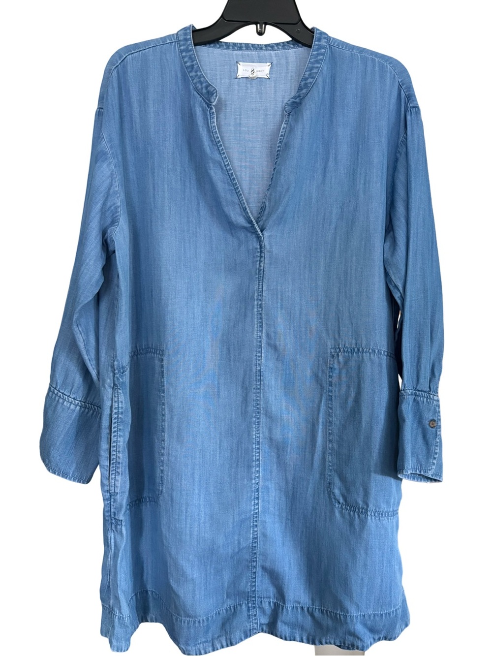 Lou & Grey Tencel linen chambray blue V-neck shift shirt dress Size Medium